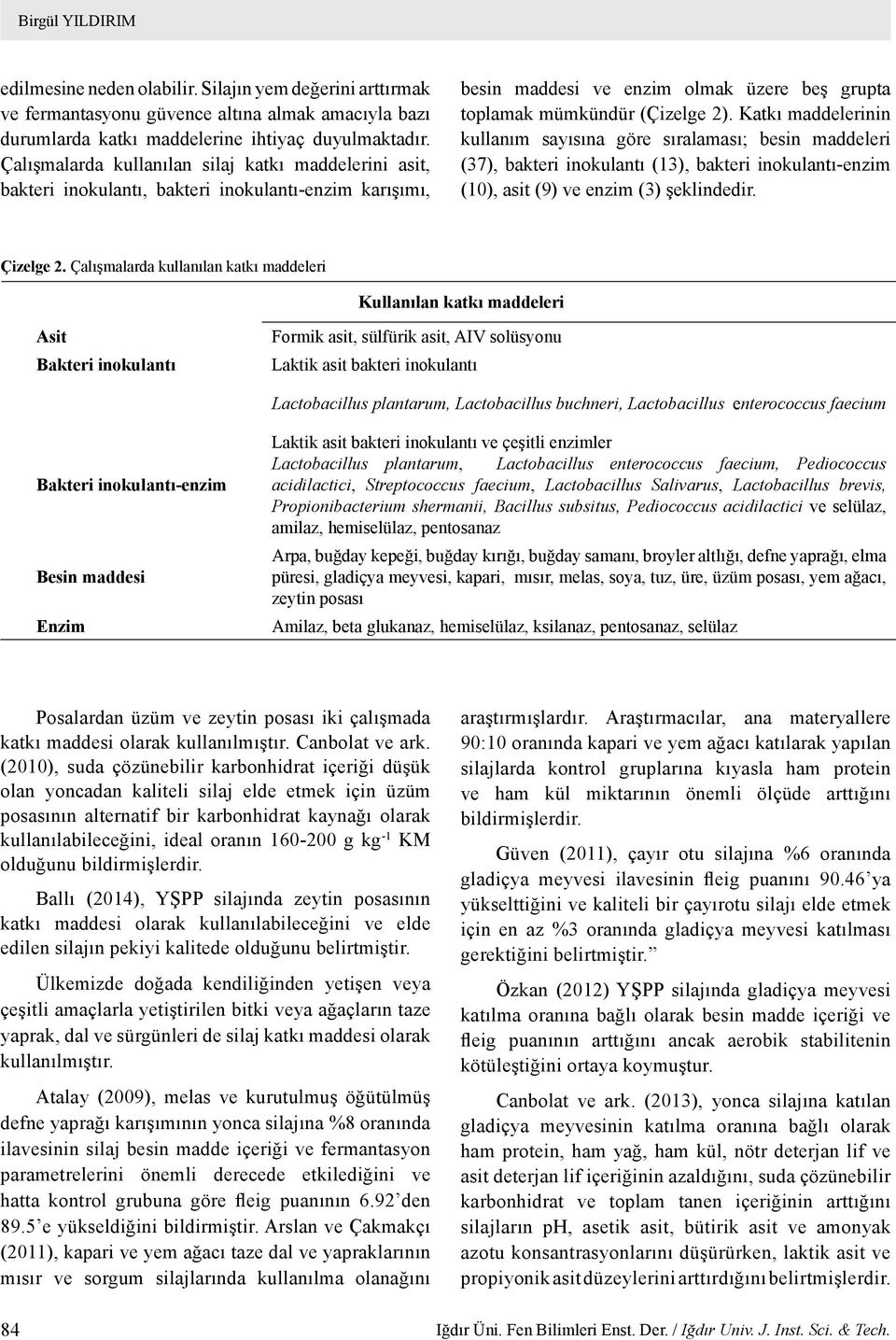 Katkı maddelerinin kullanım sayısına göre sıralaması; besin maddeleri (37), bakteri inokulantı (13), bakteri inokulantı-enzim (10), asit (9) ve enzim (3) şeklindedir. Çizelge 2.