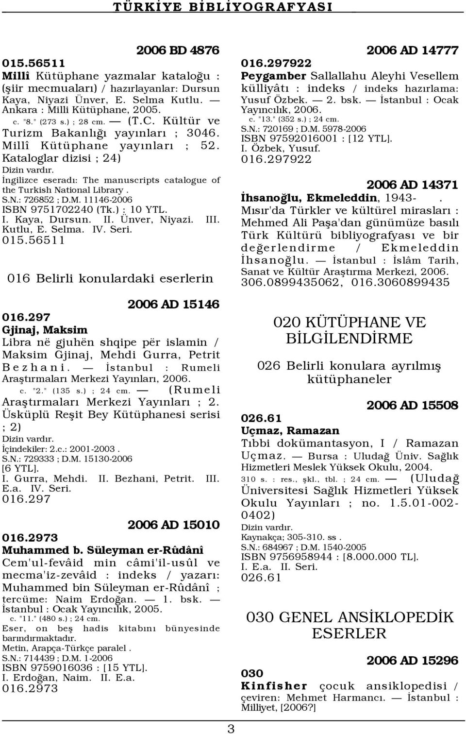 ) : 10 YTL. I. Kaya, Dursun. II. nver, Niyazi. III. Kutlu, E. Selma. IV. Seri. 015.56511 016 Belirli konulardaki eserlerin 2006 AD 15146 016.