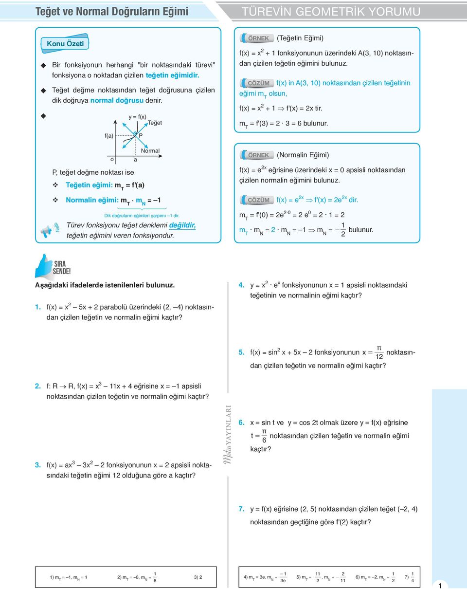 f() in A(, 0) noktasından çizilen teğetinin eğimi m T olsun, f() = + f'() = tir. m T = f'() = = bulunur.