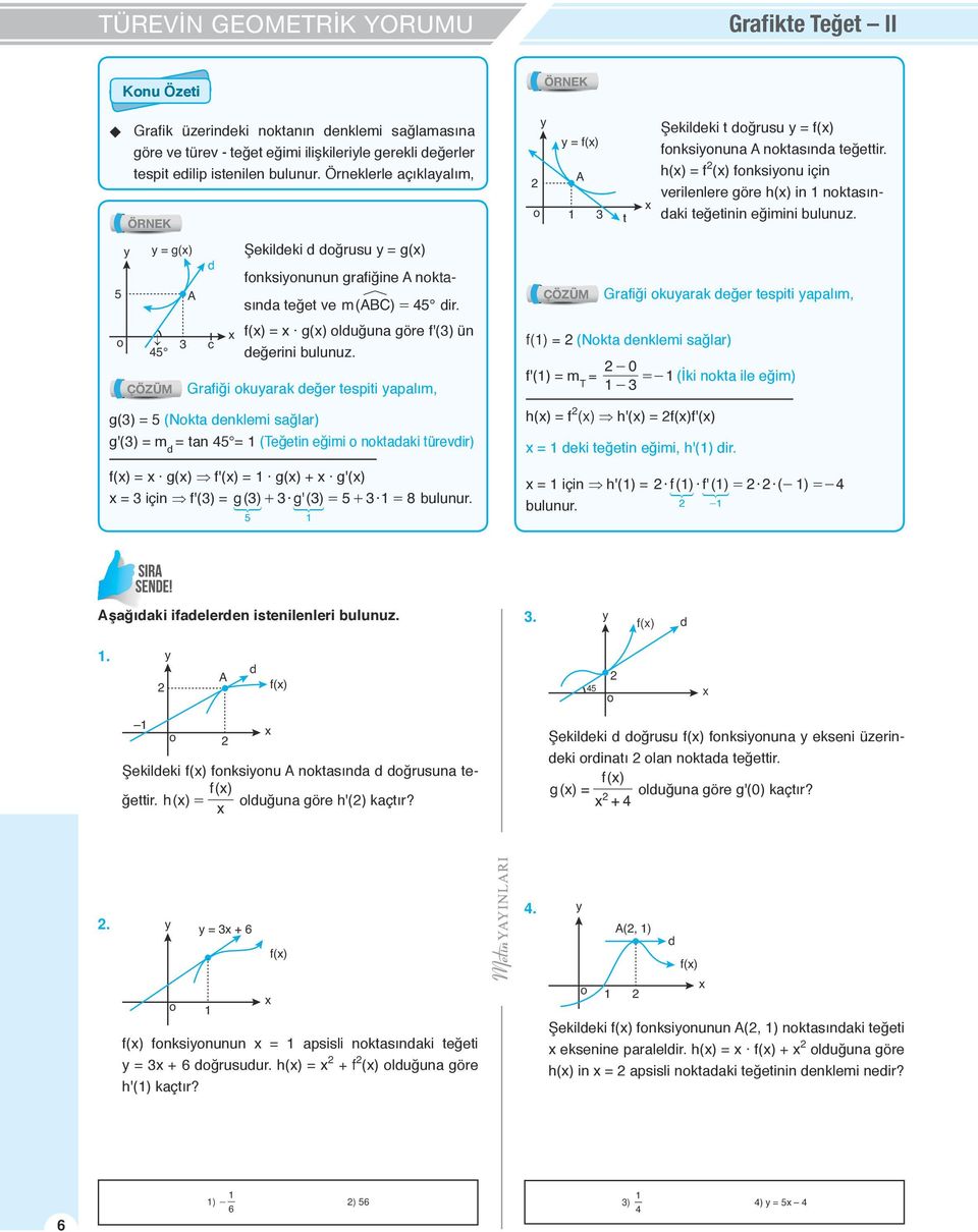 Grafiği okuarak değer tespiti apalım, g() = 5 (Nokta denklemi sağlar) g'() = m d = tan 5 = (Teğetin eğimi o noktadaki türevdir) f() = g() f'() = g() + g'() = için f'() = g( ) + g'( ) = 5+ = 8 bulunur.