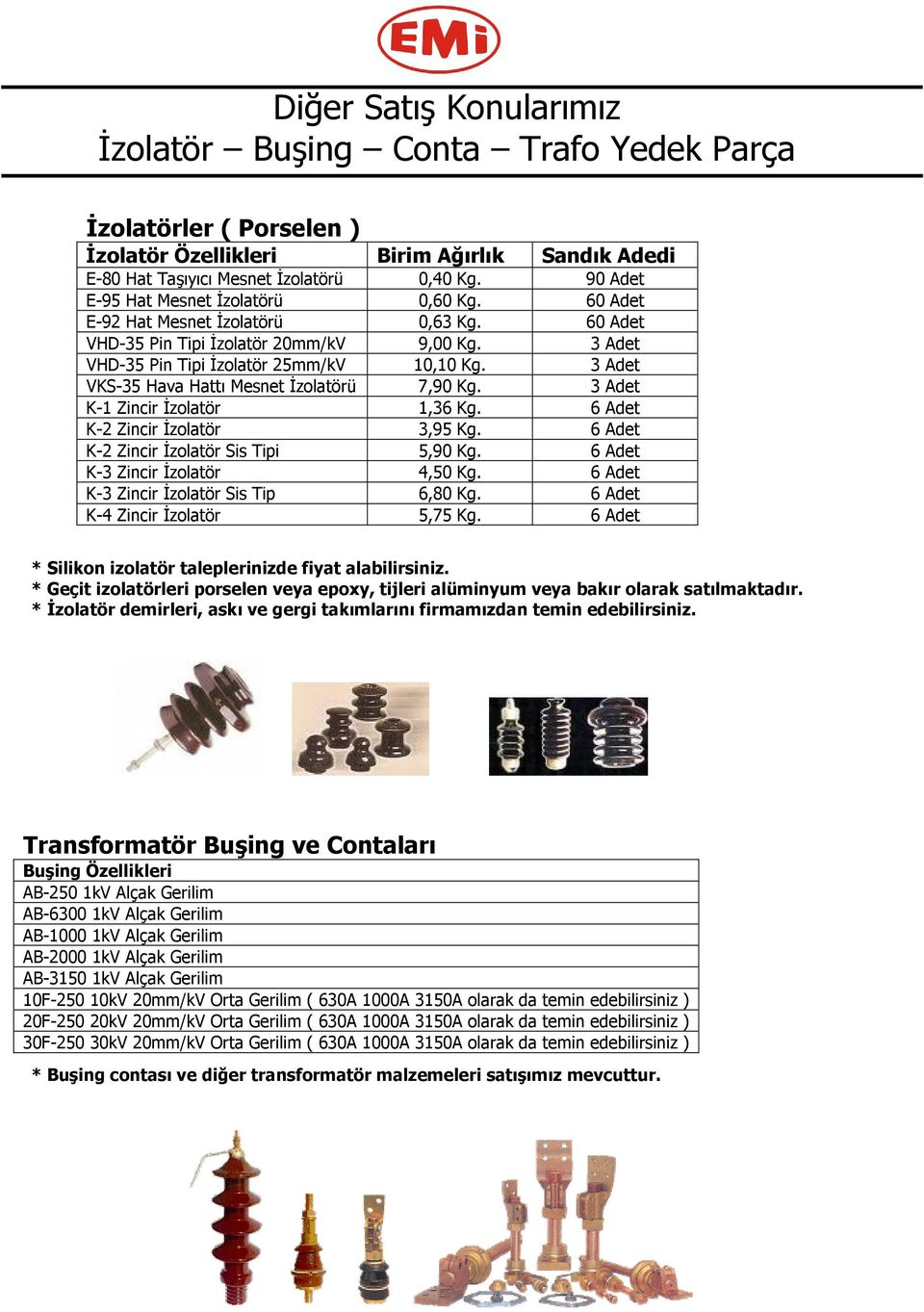 3 Adet VKS-35 Hava Hattı Mesnet İzolatörü 7,9 Kg. 3 Adet K-1 Zincir İzolatör 1,36 Kg. 6 Adet K-2 Zincir İzolatör 3,95 Kg. 6 Adet K-2 Zincir İzolatör Sis Tipi 5,9 Kg. 6 Adet K-3 Zincir İzolatör 4,5 Kg.