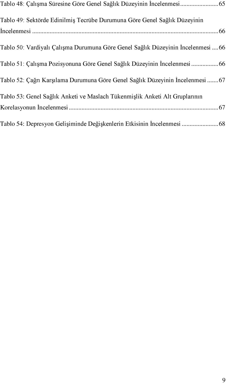 .. 66 Tablo 50: Vardiyalı Çalışma Durumuna Göre Genel Sağlık Düzeyinin İncelenmesi.