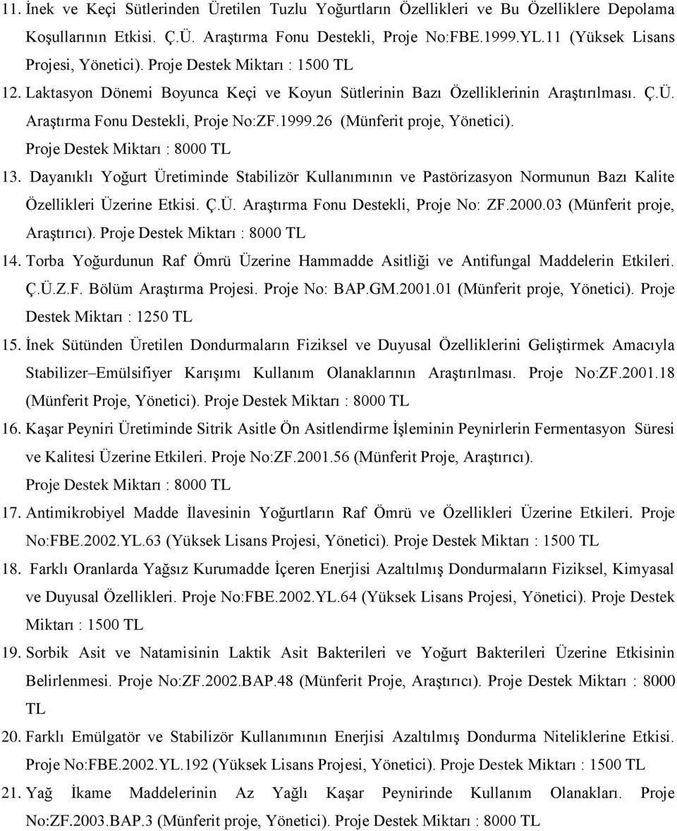 1999.26 (Münferit proje, Yönetici). Proje Destek Miktarı : 8000 TL 13. Dayanıklı Yoğurt Üretiminde Stabilizör Kullanımının ve Pastörizasyon Normunun Bazı Kalite Özellikleri Üzerine Etkisi. Ç.Ü. Araştırma Fonu Destekli, Proje No: ZF.
