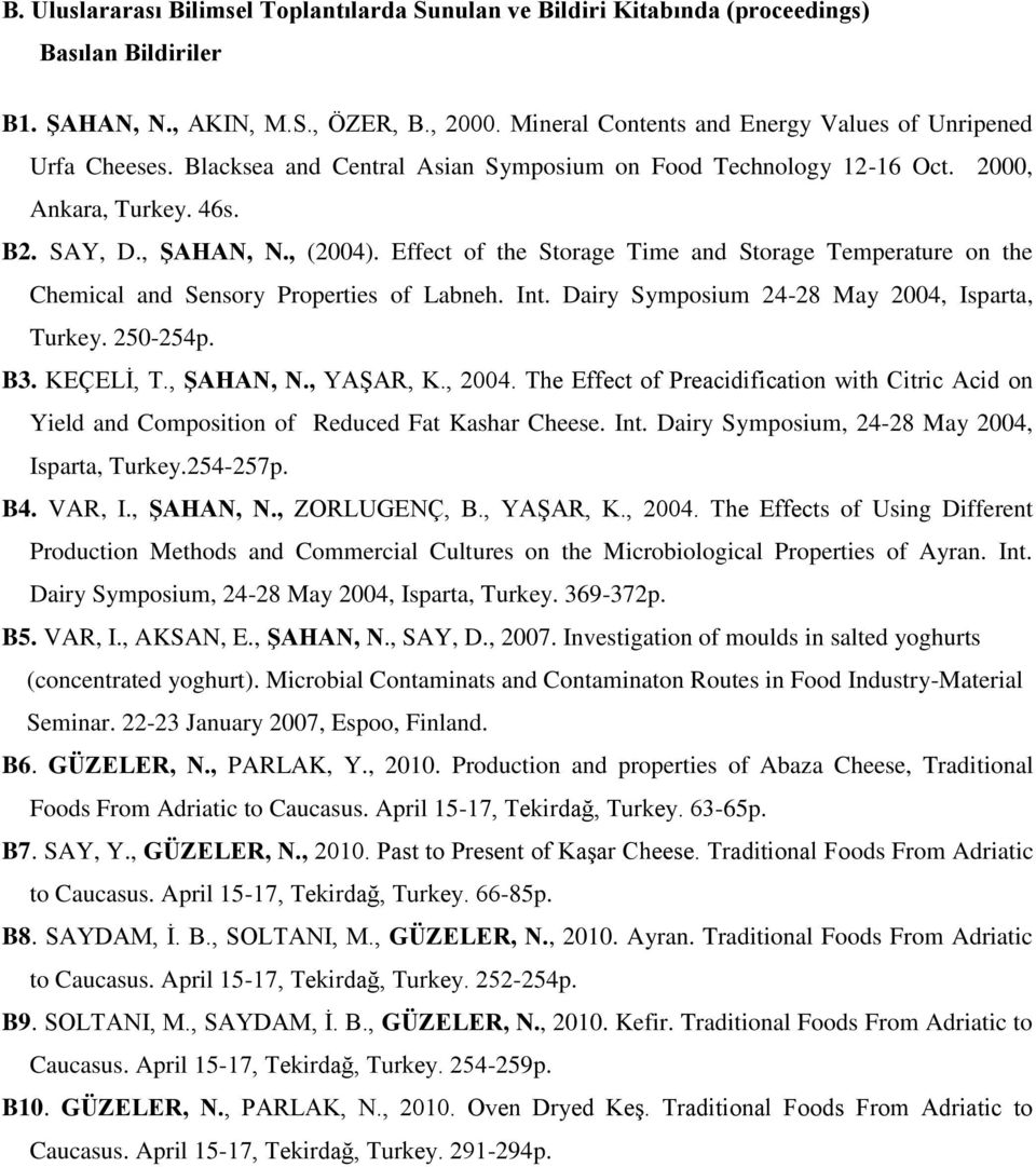 Effect of the Storage Time and Storage Temperature on the Chemical and Sensory Properties of Labneh. Int. Dairy Symposium 24-28 May 2004, Isparta, Turkey. 250-254p. B3. KEÇELİ, T., ŞAHAN, N.