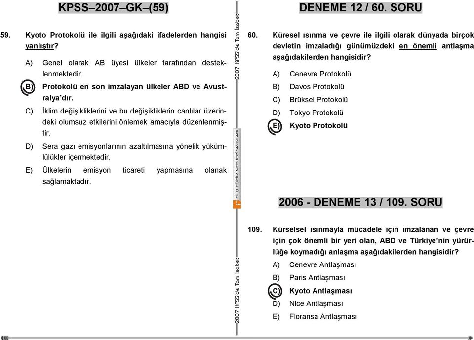 D) Sera gazı emisyonlarının azaltılmasına yönelik yükümlülükler içermektedir. E) Ülkelerin emisyon ticareti yapmasına olanak sağlamaktadır. 60.