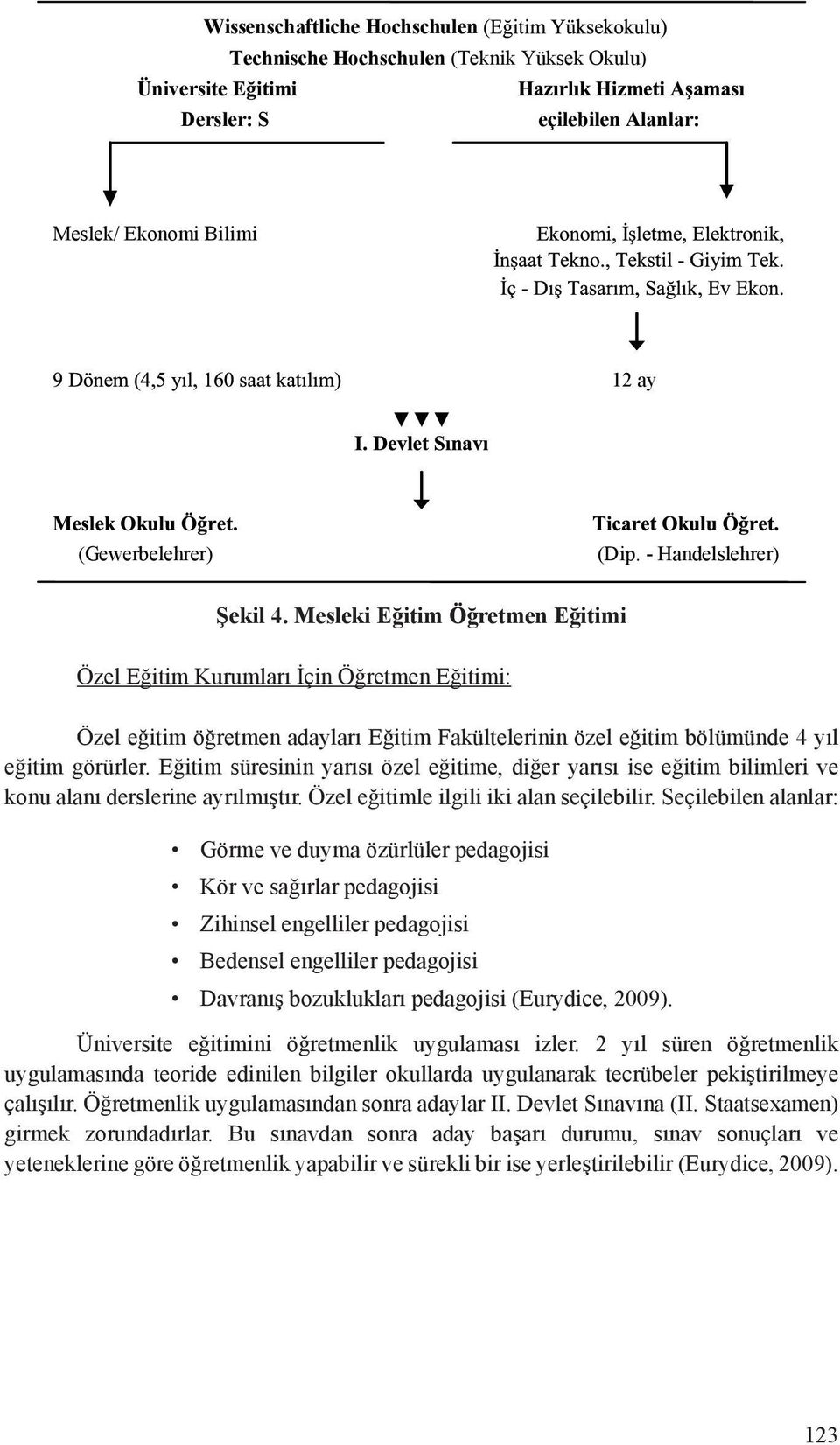 Eğitim süresinin yarısı özel eğitime, diğer yarısı ise eğitim bilimleri ve konu alanı derslerine ayrılmıştır. Özel eğitimle ilgili iki alan seçilebilir.