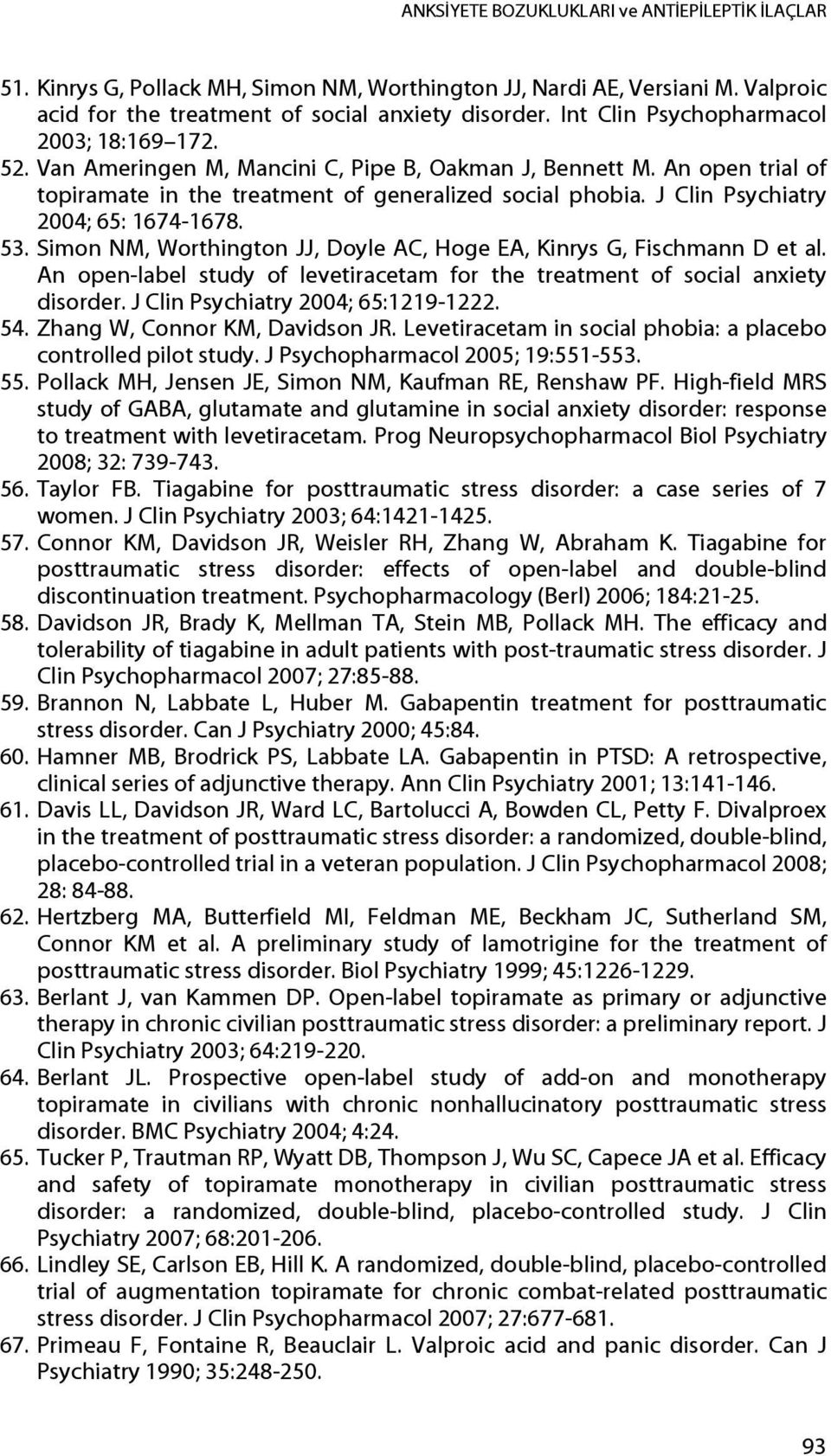 J Clin Psychiatry 2004; 65: 1674-1678. 53. Simon NM, Worthington JJ, Doyle AC, Hoge EA, Kinrys G, Fischmann D et al. An open-label study of levetiracetam for the treatment of social anxiety disorder.