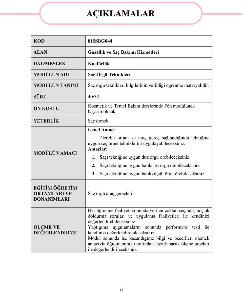 SÜRE 40/32 ÖN KOŞUL YETERLİK MODÜLÜN AMACI Kozmetik ve Temel Bakım derslerinde Fön modülünde başarılı olmak Saç örmek Genel Amaç: Gerekli ortam ve araç gereç sağlandığında tekniğine uygun saç örme