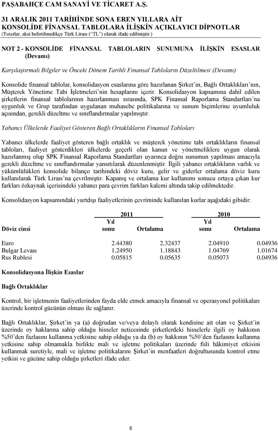 Konsolidasyon kapsamına dahil edilen Ģirketlerin finansal tablolarının hazırlanması sırasında, SPK Finansal Raporlama Standartları na uygunluk ve Grup tarafından uygulanan muhasebe politikalarına ve