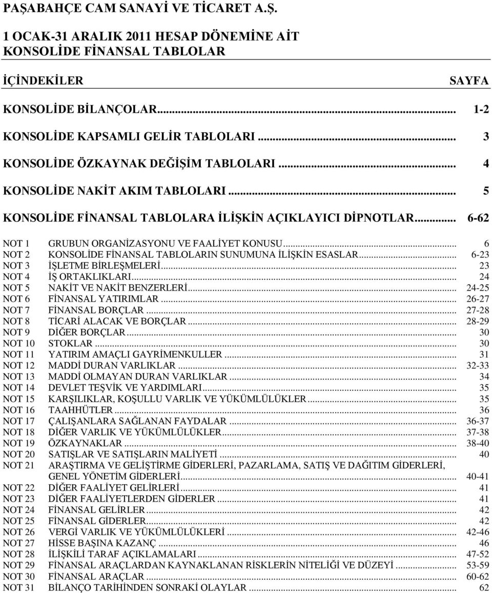 .. 24 NOT 5 NAKĠT VE NAKĠT BENZERLERĠ... 24-25 NOT 6 FĠNANSAL YATIRIMLAR... 26-27 NOT 7 FĠNANSAL BORÇLAR... 27-28 NOT 8 TĠCARĠ ALACAK VE BORÇLAR... 28-29 NOT 9 DĠĞER BORÇLAR... 30 NOT 10 STOKLAR.