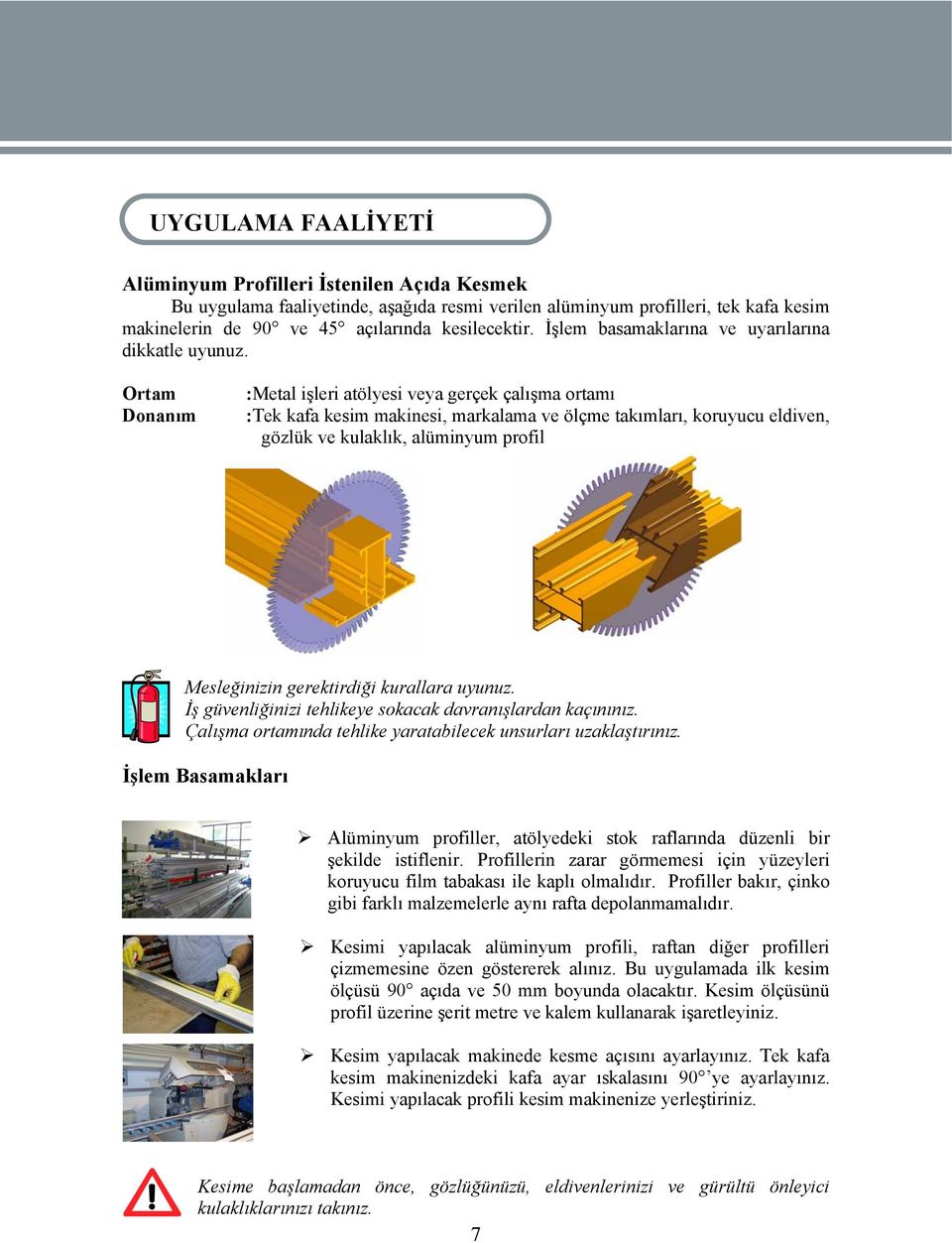 Ortam Donanım :Metal işleri atölyesi veya gerçek çalışma ortamı :Tek kafa kesim makinesi, markalama ve ölçme takımları, koruyucu eldiven, gözlük ve kulaklık, alüminyum profil Mesleğinizin