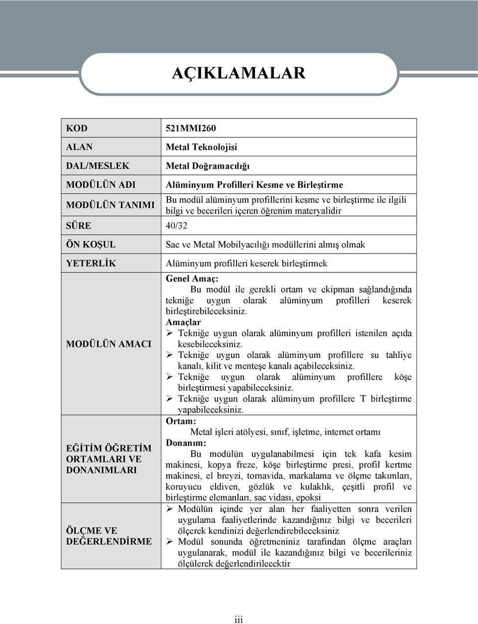 Metal Mobilyacılığı modüllerini almış olmak Alüminyum profilleri keserek birleştirmek Genel Amaç: Bu modül ile gerekli ortam ve ekipman sağlandığında tekniğe uygun olarak alüminyum profilleri keserek