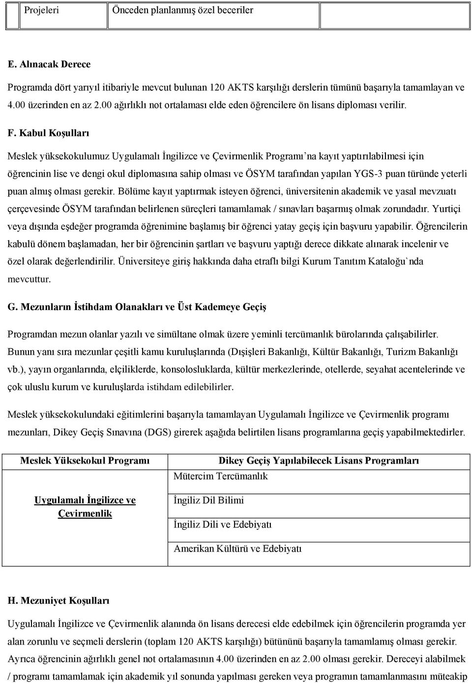 Kabul Koşulları Meslek yüksekokulumuz Uygulamalı İngilizce ve Çevirmenlik Programı na kayıt yaptırılabilmesi için öğrencinin lise ve dengi okul diplomasına sahip olması ve ÖSYM tarafından yapılan