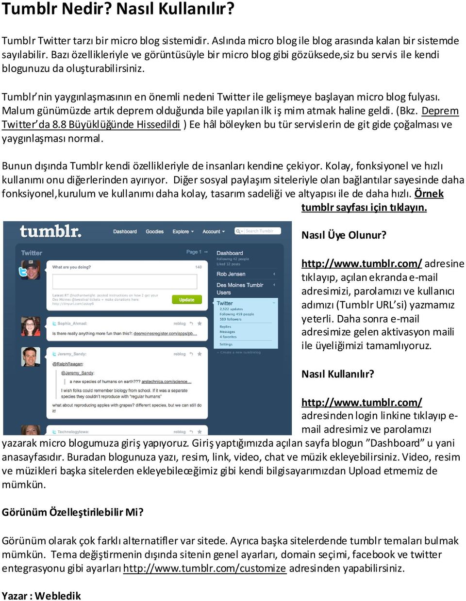 Tumblr nin yaygınlaşmasının en önemli nedeni Twitter ile gelişmeye başlayan micro blog fulyası. Malum günümüzde artık deprem olduğunda bile yapılan ilk iş mim atmak haline geldi. (Bkz.