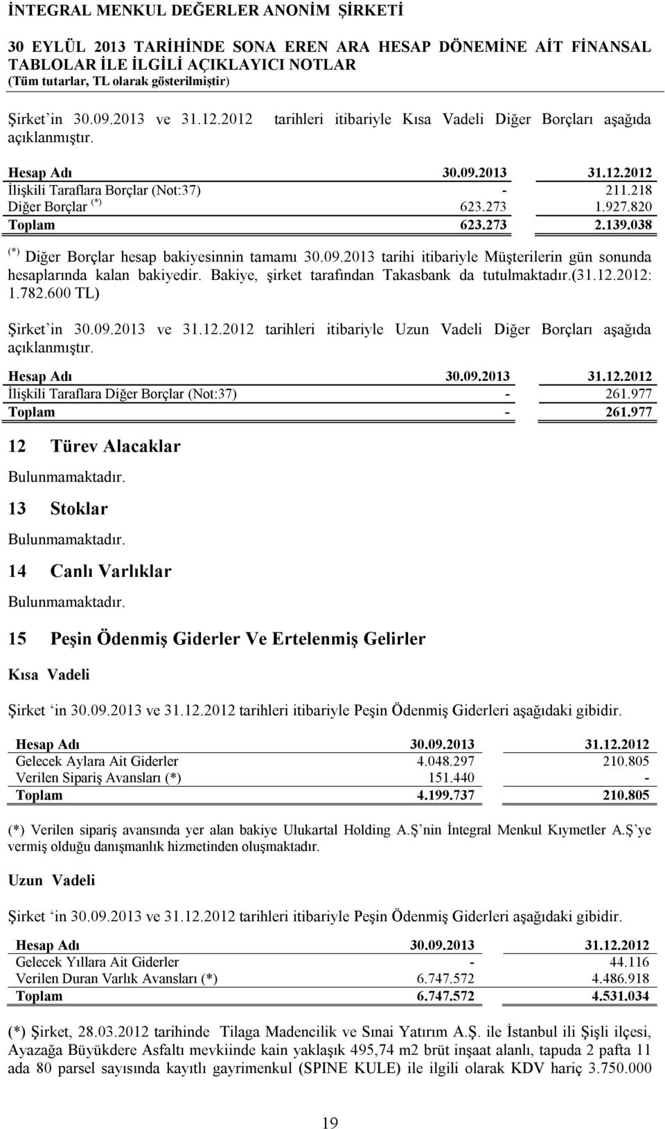 (31.12.2012: 1.782.600 TL) Şirket in ve 31.12.2012 tarihleri itibariyle Uzun Vadeli Diğer Borçları aşağıda açıklanmıştır. Hesap Adı 31.12.2012 İlişkili Taraflara Diğer Borçlar (Not:37) - 261.