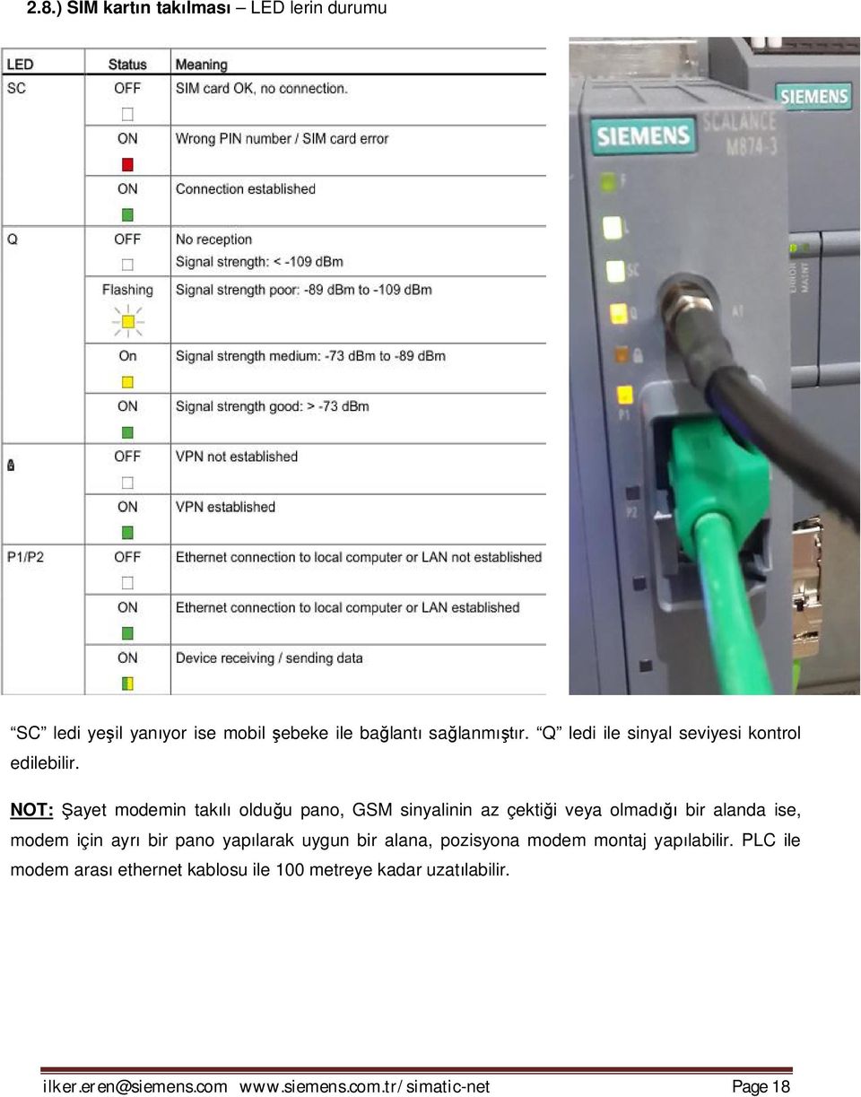 NOT: Şayet modemin takılı olduğu pano, GSM sinyalinin az çektiği veya olmadığı bir alanda ise, modem için ayrı bir