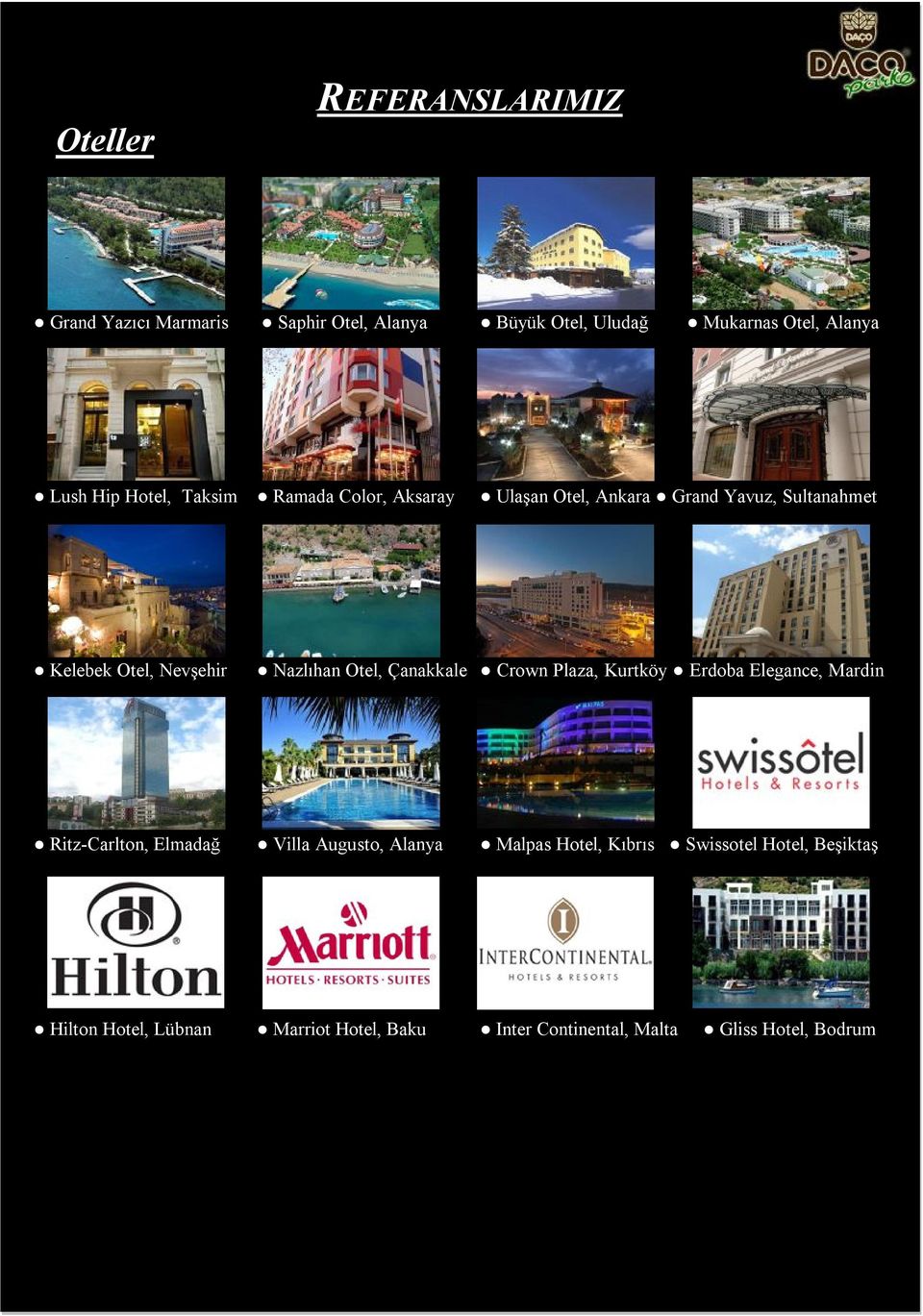 Otel, Çanakkale Crown Plaza, Kurtköy Erdoba Elegance, Mardin Ritz-Carlton, Elmadağ Villa Augusto, Alanya Malpas