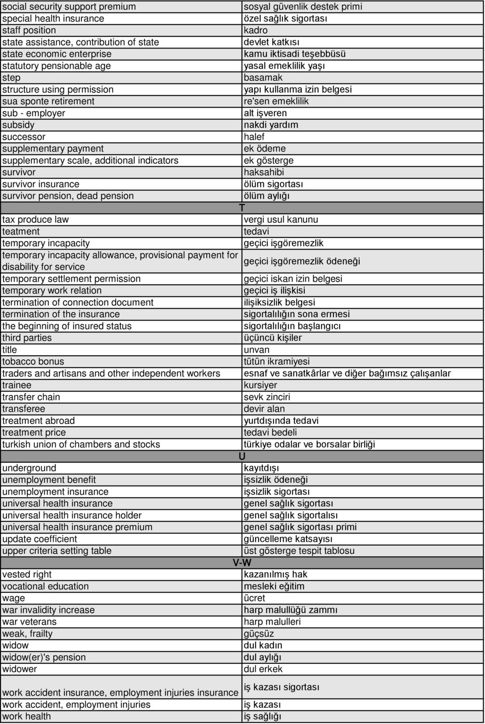 employer alt işveren subsidy nakdi yardım successor halef supplementary payment ek ödeme supplementary scale, additional indicators ek gösterge survivor haksahibi survivor insurance ölüm sigortası