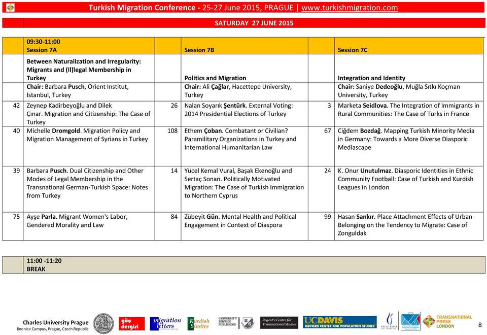 Migration Policy and Migration Management of Syrians in Chair: Ali Çağlar, Hacettepe University, 26 Nalan Soyarık Şentürk. External Voting: 2014 Presidential Elections of 108 Ethem Çoban.