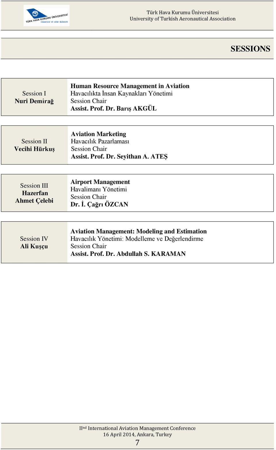 ATEŞ Session III Hazerfan Ahmet Çelebi Airport Management Havalimanı Yönetimi Session Chair Dr. İ.