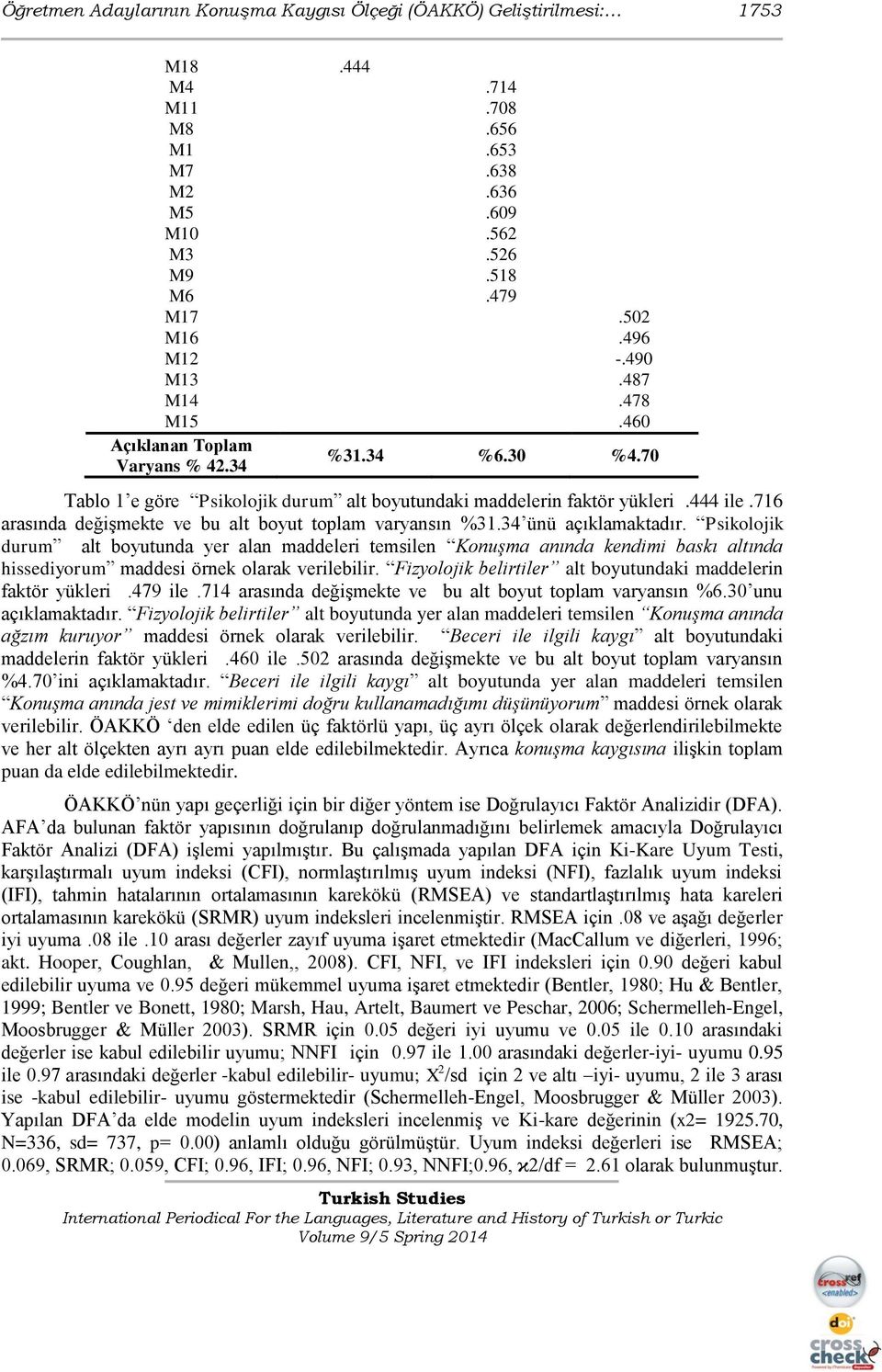 34 ünü açıklamaktadır. Psikolojik durum alt boyutunda yer alan maddeleri temsilen Konuşma anında kendimi baskı altında hissediyorum maddesi örnek olarak verilebilir.