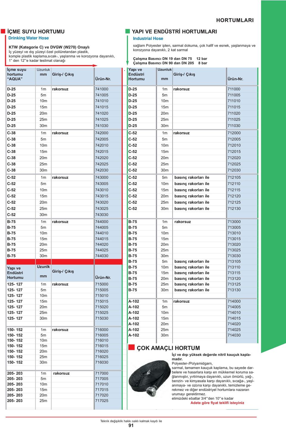 yaşlanmaya ve korozyona dayanıklı, 2 kat sarmal Çalışma Basıncı DN 19 dan DN 75 Çalışma Basıncı DN 90 dan DN 205.