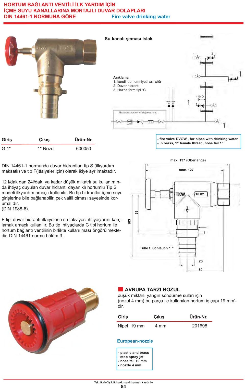 Hazne form tipi C Giriş Çıkış G 1" 1" Nozul 600050 - fire valve DVGW, for pipes with drinking water - in brass, 1 female thread, hose tail 1 DIN 14461-1 normunda duvar hidrantları tip S (ilkyardım