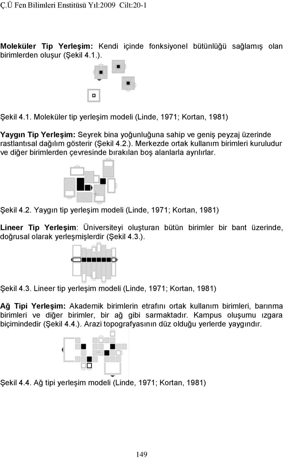 Şekil 4.2. Yaygın tip yerleşim modeli (Linde, 1971; Kortan, 1981) Lineer Tip Yerleşim: Üniversiteyi oluşturan bütün birimler bir bant üzerinde, doğrusal olarak yerleşmişlerdir (Şekil 4.3.