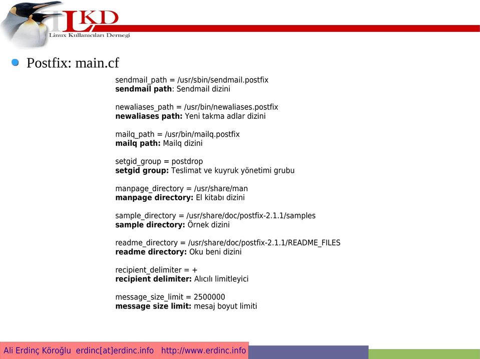 postfix mailq path: Mailq dizini setgid_group = postdrop setgid group: Teslimat ve kuyruk yönetimi grubu manpage_directory = /usr/share/man manpage directory: El kitabı