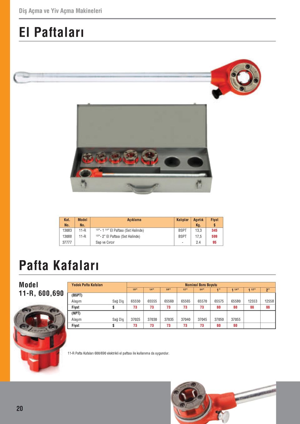 4 95 Pafta Kafaları Model 11-R, 600,690 Yedek Pafta Kafaları Nominal Boru Boyutu 1/8 1/4 3/8 1/2 3/4 1 1 1/4 1 1/2 2 (BSPT) Alaşım Sağ Diş 65550 65555 65560