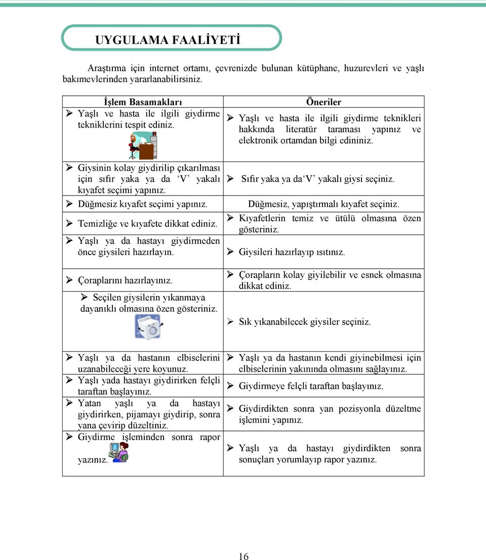 Öneriler Yaşlı ve hasta ile ilgili giydirme teknikleri hakkında literatür taraması yapınız ve elektronik ortamdan bilgi edininiz.