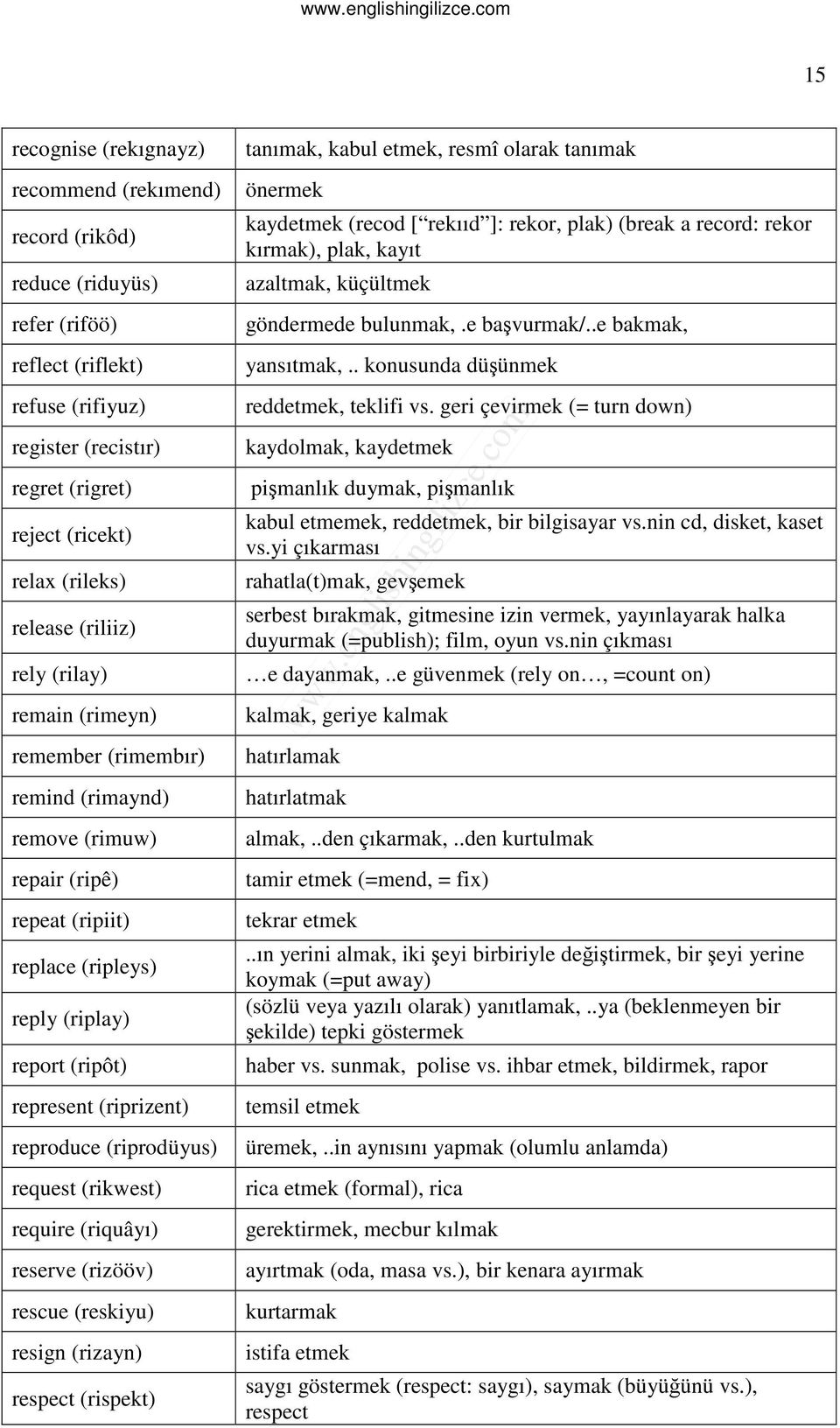 yi çıkarması relax (rileks) rahatla(t)mak, gevşemek release (riliiz) rely (rilay) remain (rimeyn) remember (rimembır) remind (rimaynd) remove (rimuw) repair (ripê) repeat (ripiit) replace (ripleys)