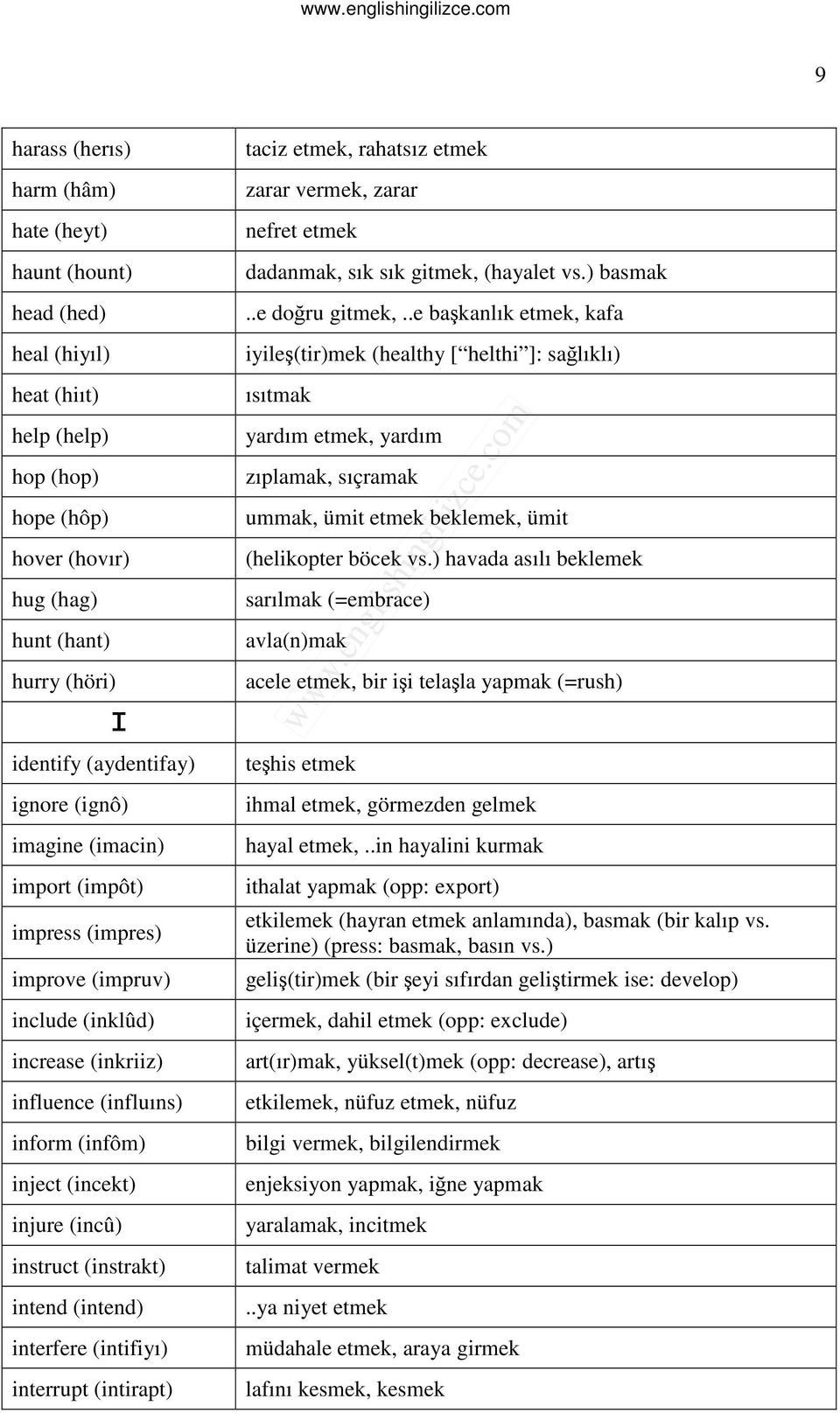 (impruv) include (inklûd) increase (inkriiz) influence (influıns) inform (infôm) inject (incekt) injure (incû) instruct (instrakt) intend (intend) interfere (intifiyı) interrupt (intirapt) dadanmak,