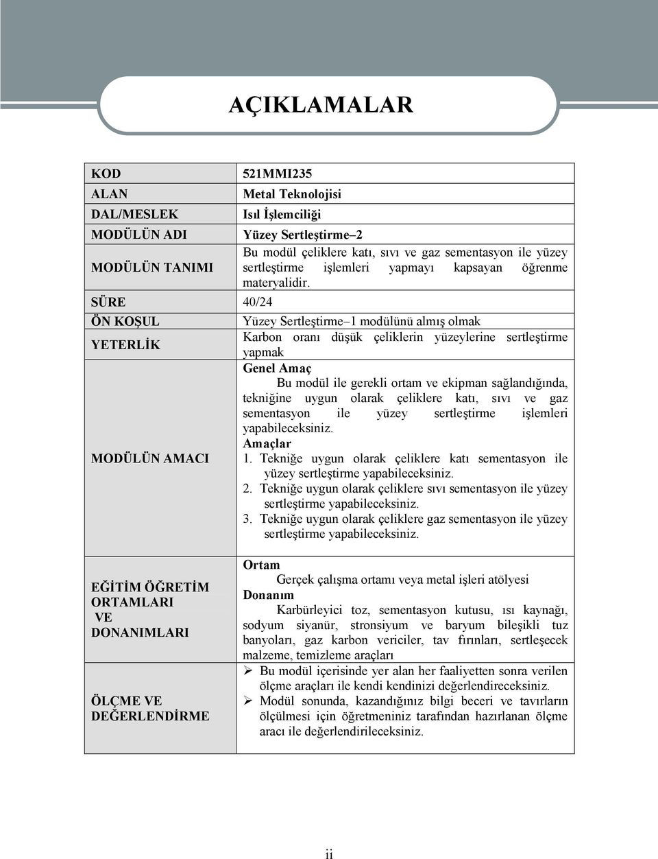 Yüzey Sertleştirme 1 modülünü almış olmak Karbon oranı düşük çeliklerin yüzeylerine sertleştirme yapmak Genel Amaç Bu modül ile gerekli ortam ve ekipman sağlandığında, tekniğine uygun olarak