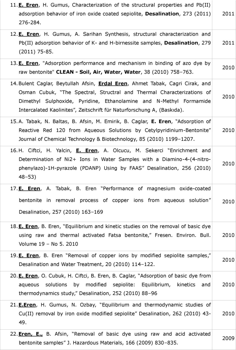 Eren, "Adsorption performance and mechanism in binding of azo dye by raw bentonite" CLEAN - Soil, Air, Water, Water, 38 () 758 763. 14.