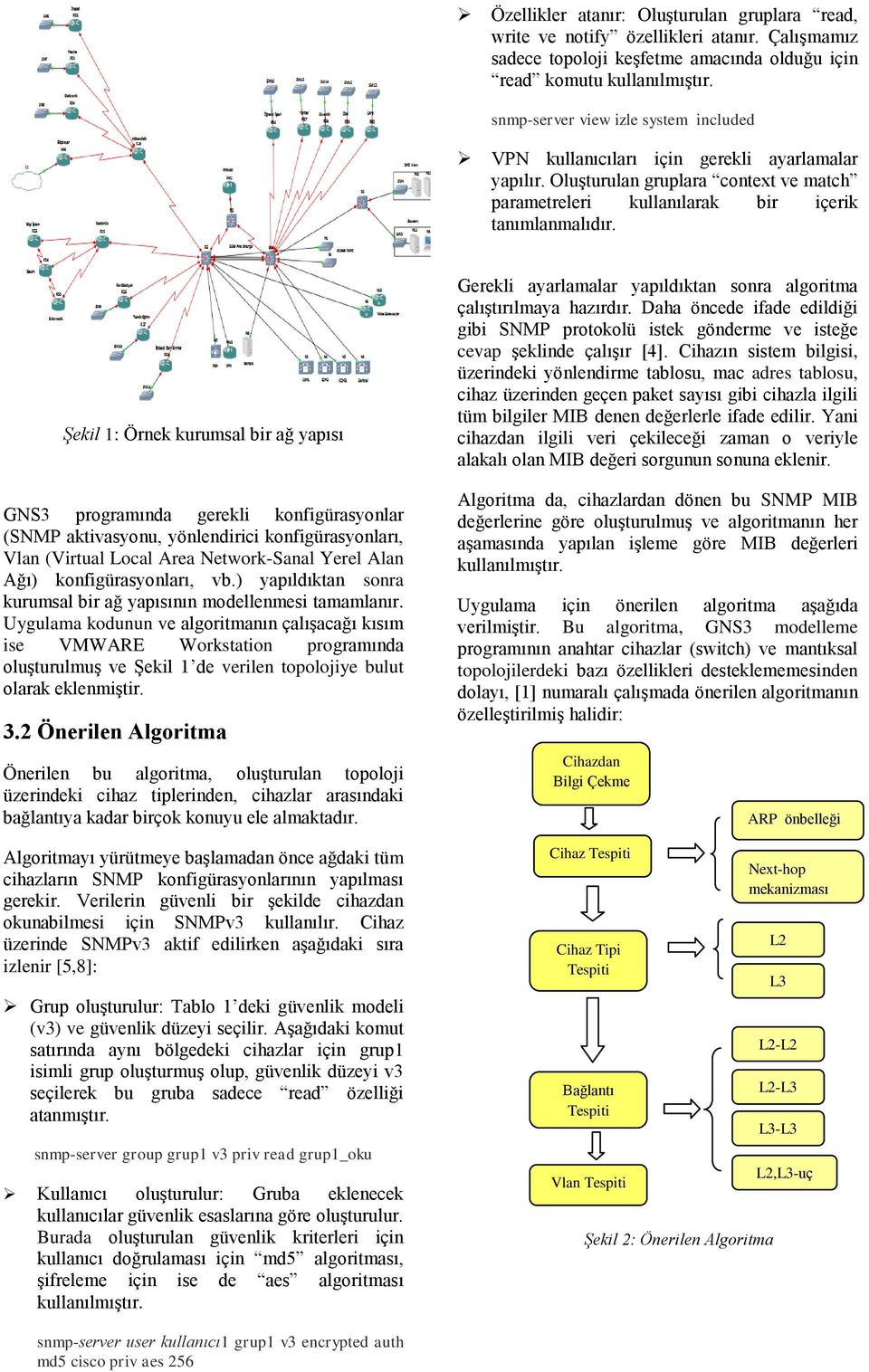 Şekil 1: Örnek kurumsal bir ağ yapısı GNS3 programında gerekli konfigürasyonlar (SNMP aktivasyonu, yönlendirici konfigürasyonları, Vlan (Virtual Local Area Network-Sanal Yerel Alan Ağı)