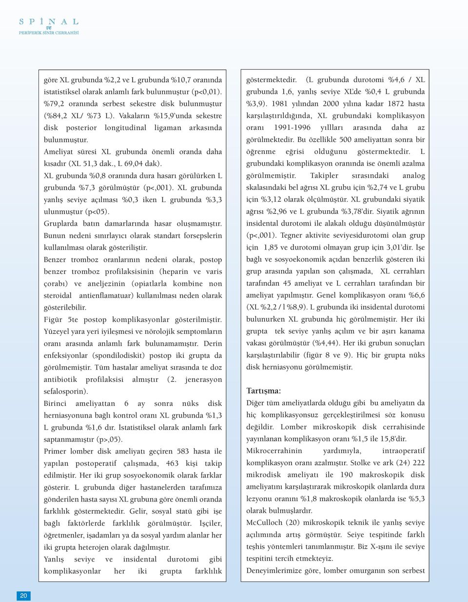 XL grubunda %0,8 oranında dura hasarı görülürken L grubunda %7,3 görülmüştür (p<,001). XL grubunda yanlış seviye açılması %0,3 iken L grubunda %3,3 ulunmuştur (p<05).