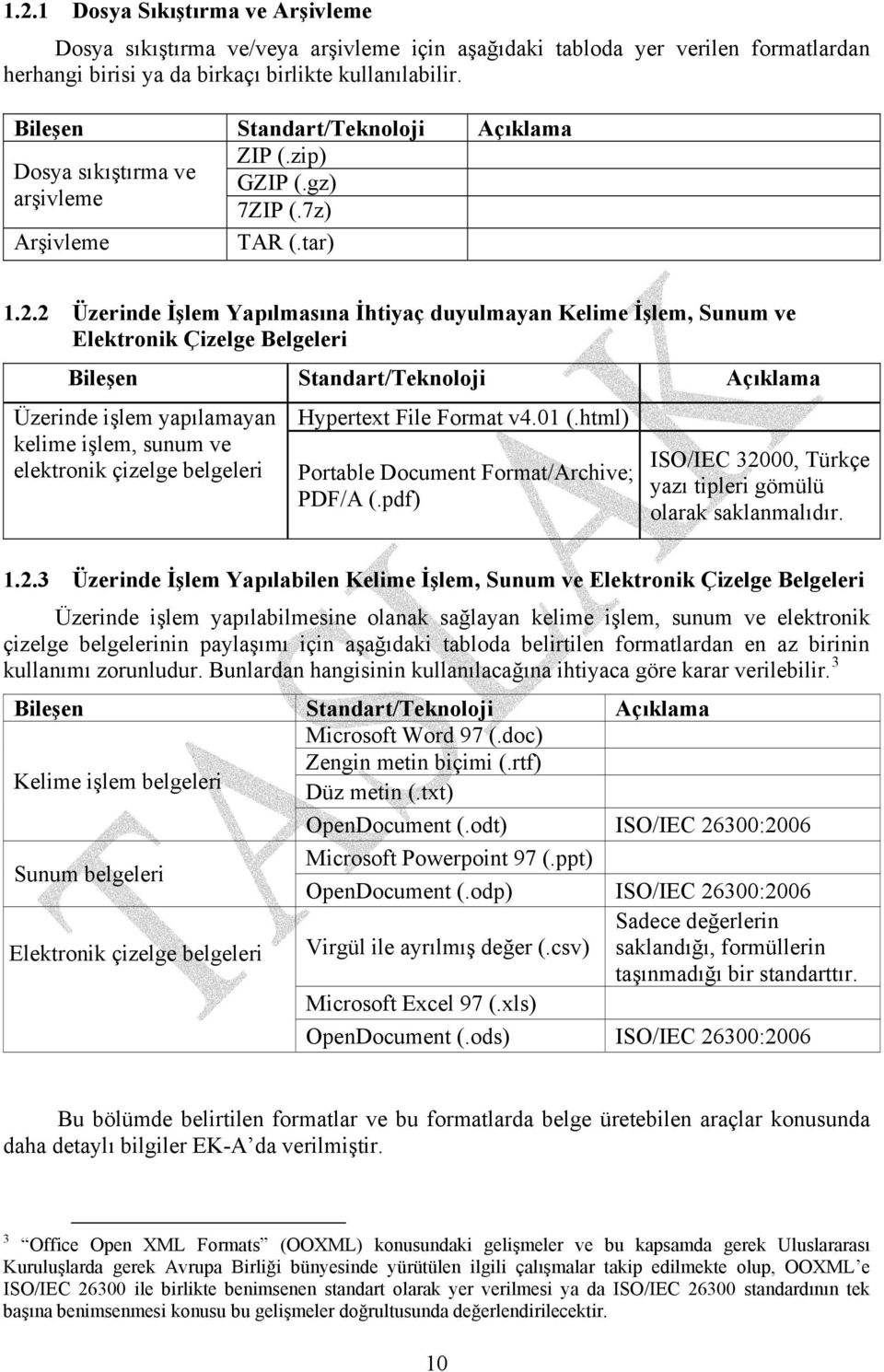 2 Üzerinde İşlem Yapılmasına İhtiyaç duyulmayan Kelime İşlem, Sunum ve Elektronik Çizelge Belgeleri Bileşen Standart/Teknoloji Açıklama Üzerinde işlem yapılamayan kelime işlem, sunum ve elektronik