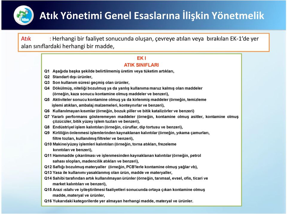 kalmış olan maddeler (örneğin, kaza sonucu kontamine olmuş maddeler ve benzeri), Q5 Aktiviteler sonucu kontamine olmuş ya da kirlenmiş maddeler (örneğin, temizleme işlemi atıkları, ambalaj