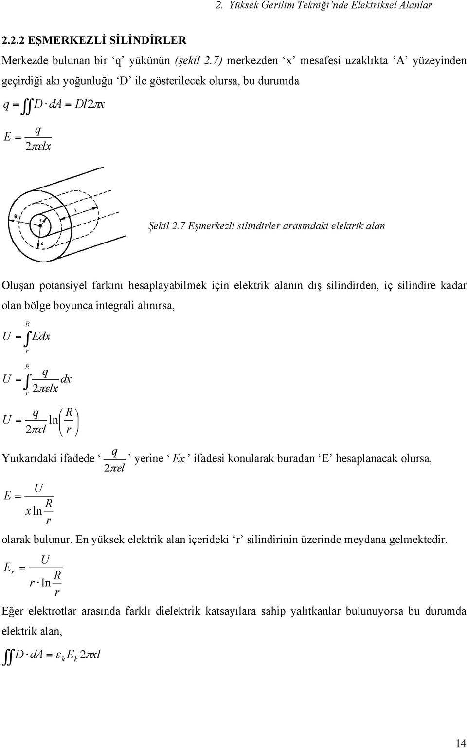 7 Eşmeezli silindile aasındai eleti alan Oluşan potansiyel faını hesaplayabilme için eleti alanın dış silindiden, iç silindie ada olan bölge boyunca integali alınısa, R Edx