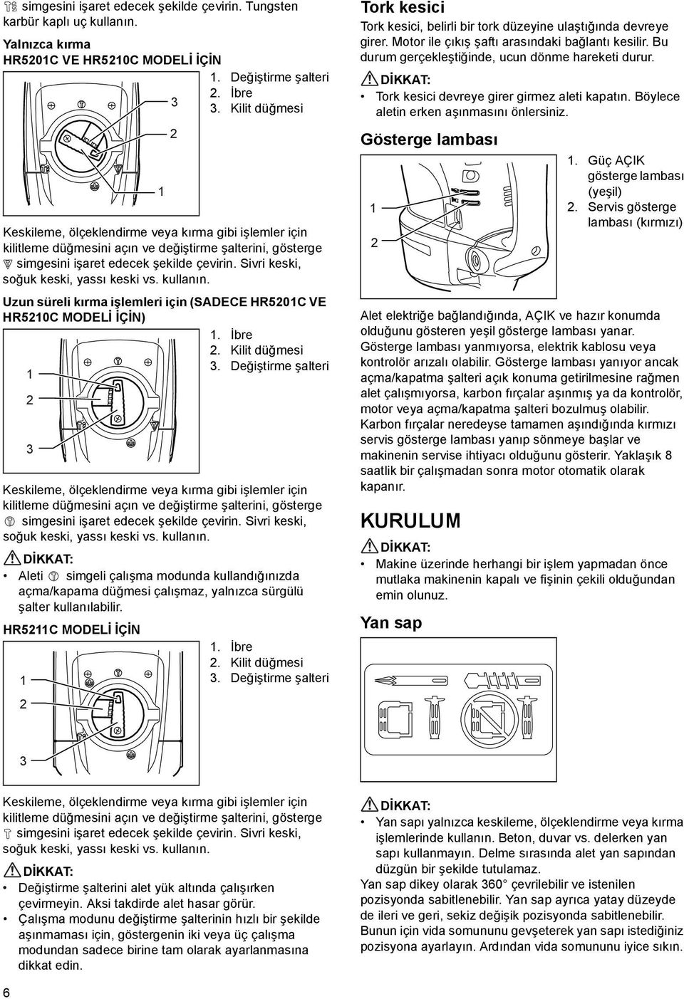 Sivri keski, soğuk keski, yassı keski vs. kullanın. Uzun süreli kırma işlemleri için (SADECE HR50C VE HR50C MODELİ İÇİN). İbre. Kilit düğmesi.