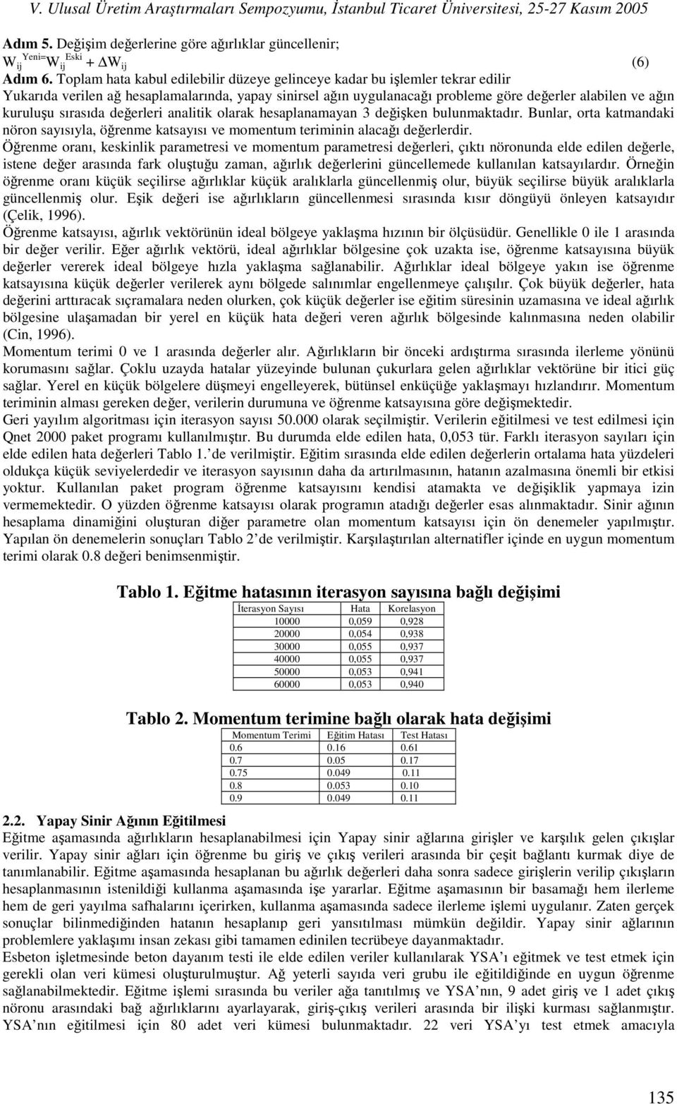 sırasıda değerleri analitik olarak hesaplanamayan 3 değişken bulunmaktadır. Bunlar, orta katmandaki nöron sayısıyla, öğrenme katsayısı ve momentum teriminin alacağı değerlerdir.