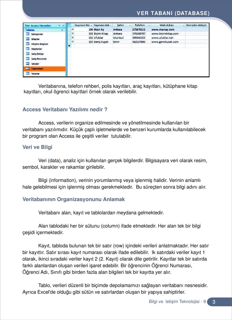 Küçük çaplı işletmelerde ve benzeri kurumlarda kullanılabilecek bir program olan Access ile çeşitli veriler tutulabilir. Veri ve Bilgi Veri (data), analiz için kullanılan gerçek bilgilerdir.