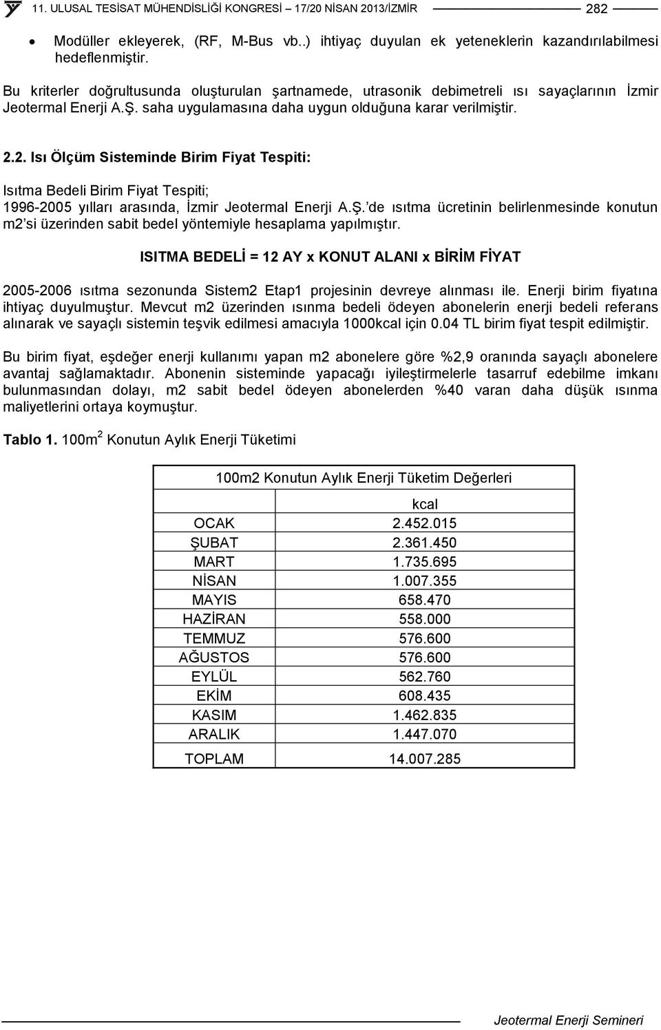 2. Isı Ölçüm Sisteminde Birim Fiyat Tespiti: Isıtma Bedeli Birim Fiyat Tespiti; 1996-2005 yılları arasında, İzmir Jeotermal Enerji A.Ş.