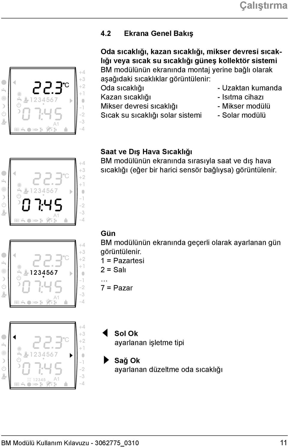 aşağıdaki sıcaklıklar görüntülenir: Oda sıcaklığı - Uzaktan kumanda Kazan sıcaklığı - Isıtma cihazı Mikser devresi sıcaklığı - Mikser modülü Sıcak su sıcaklığı solar sistemi - Solar