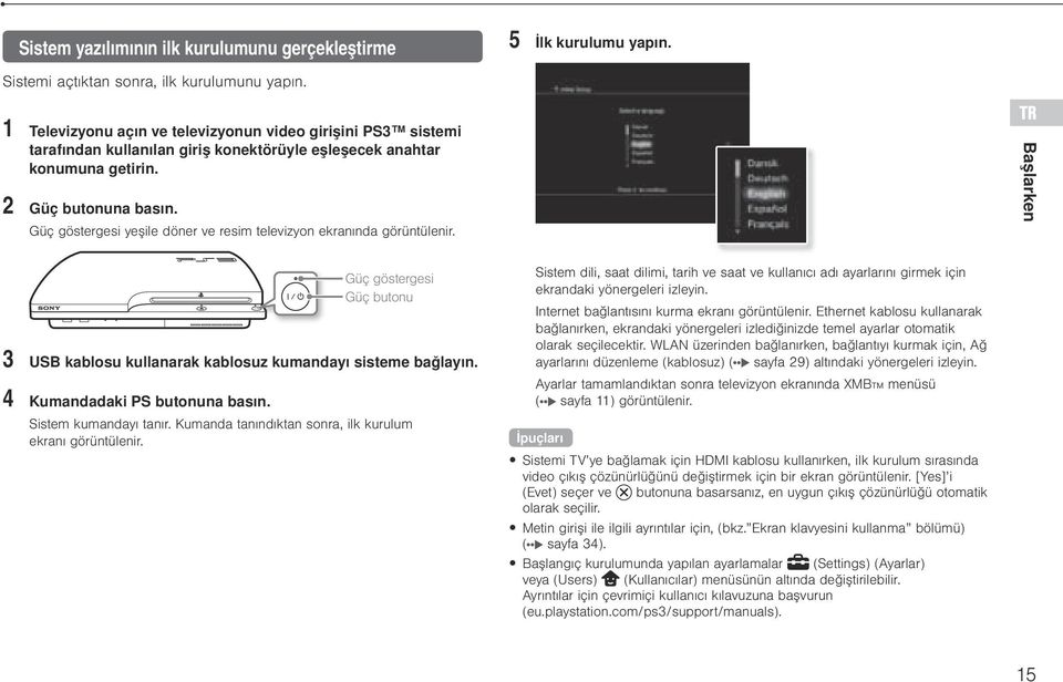 Güç göstergesi yeşile döner ve resim televizyon ekranında görüntülenir. TR Başlarken Güç göstergesi Güç butonu 3 USB kablosu kullanarak kablosuz kumandayı sisteme bağlayın.