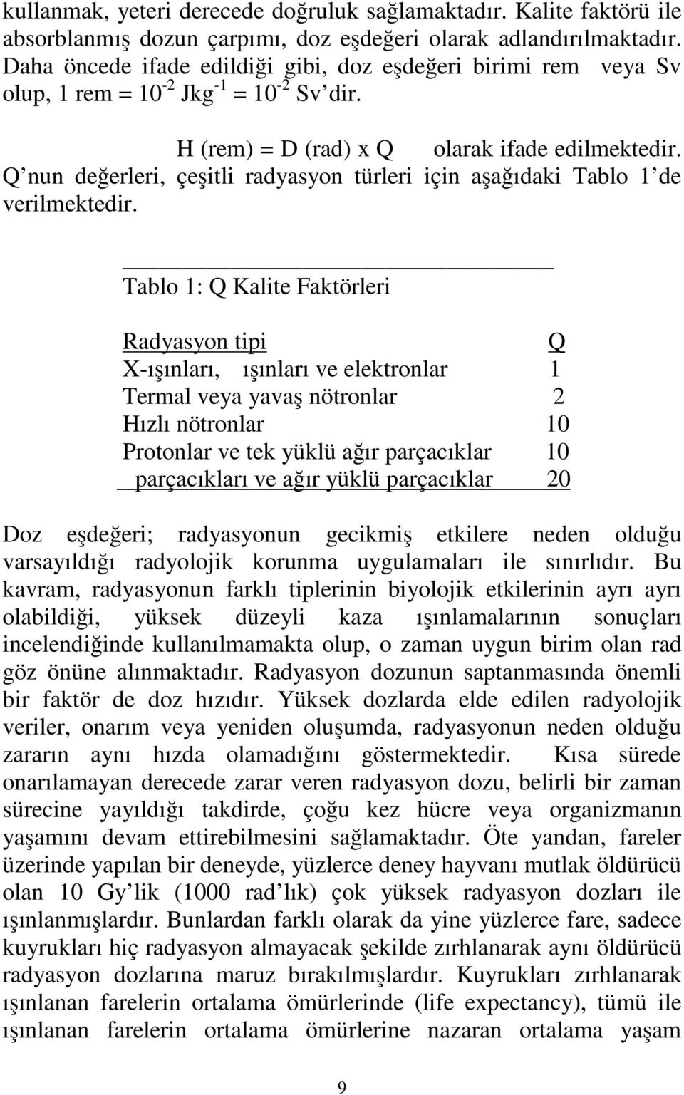 Q nun değerleri, çeşitli radyasyon türleri için aşağıdaki Tablo 1 de verilmektedir.