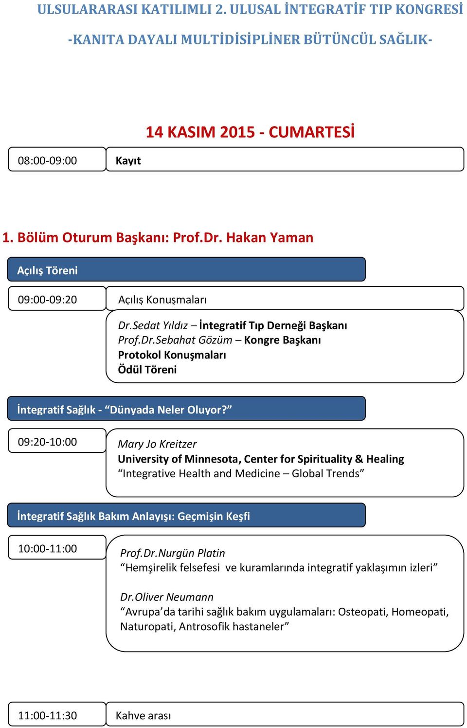 09:20-10:00 Mary Jo Kreitzer University of Minnesota, Center for Spirituality & Healing Integrative Health and Medicine Global Trends İntegratif Sağlık Bakım Anlayışı: Geçmişin Keşfi 10:00-11:00 Prof.