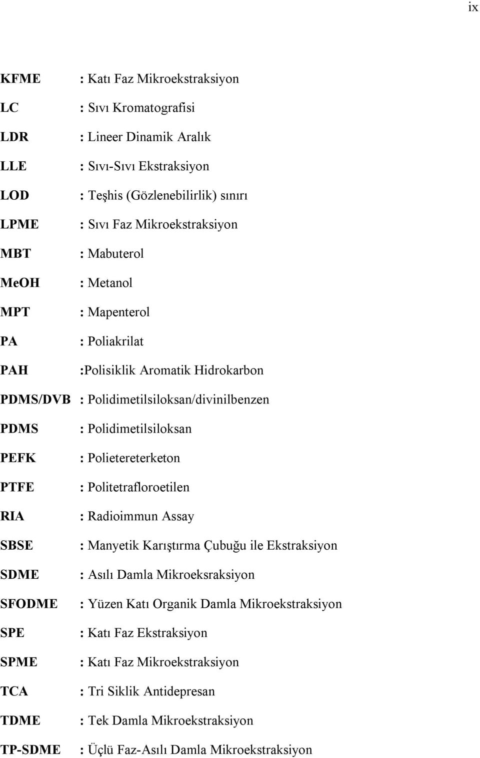 SPME TCA TDME TP-SDME : Polidimetilsiloksan : Polietereterketon : Politetrafloroetilen : Radioimmun Assay : Manyetik Karıştırma Çubuğu ile Ekstraksiyon : Asılı Damla Mikroeksraksiyon :