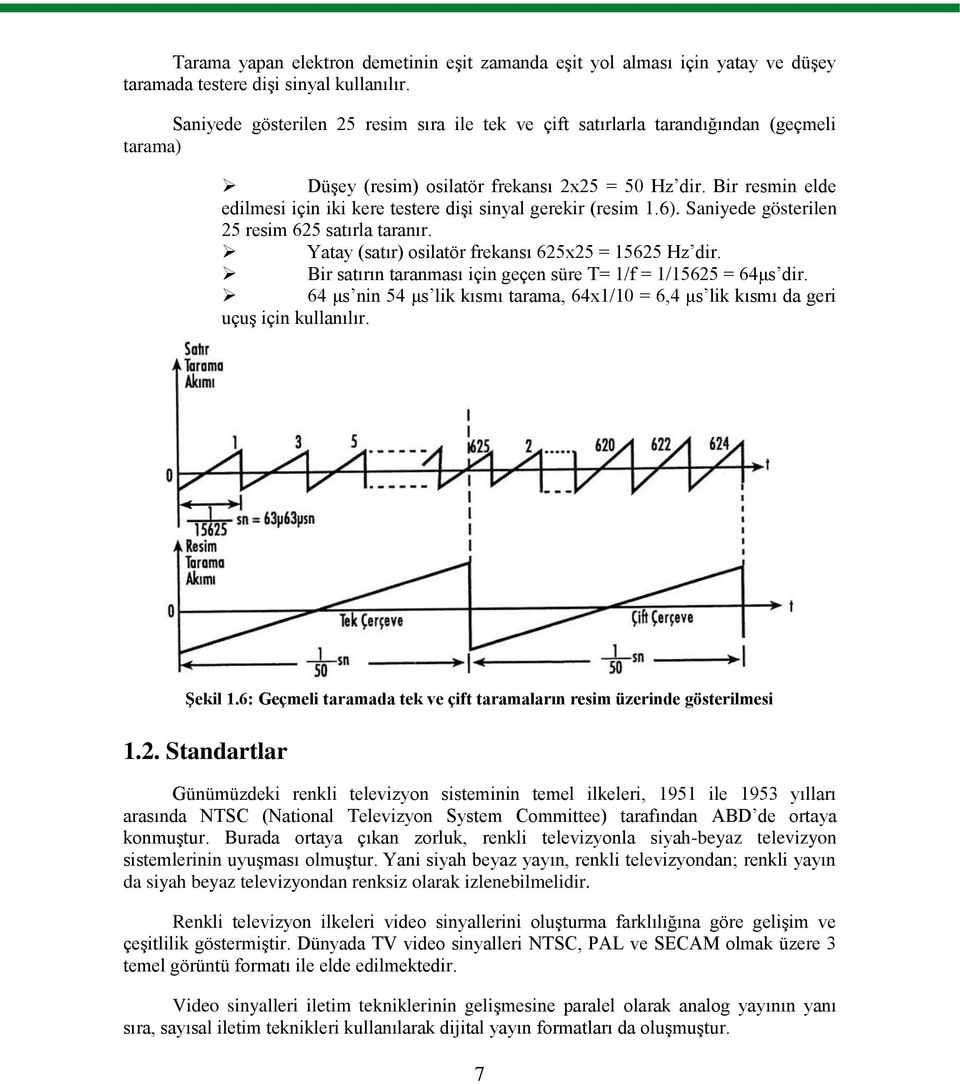 Bir resmin elde edilmesi için iki kere testere diģi sinyal gerekir (resim 1.6). Saniyede gösterilen 25 resim 625 satırla taranır. Yatay (satır) osilatör frekansı 625x25 = 15625 Hz dir.